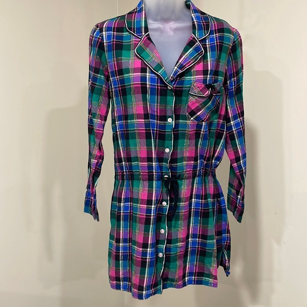 NWOT Victoria's Secret Plaid Metallic Thread Pajama Shirt.  Size S Small 4/6